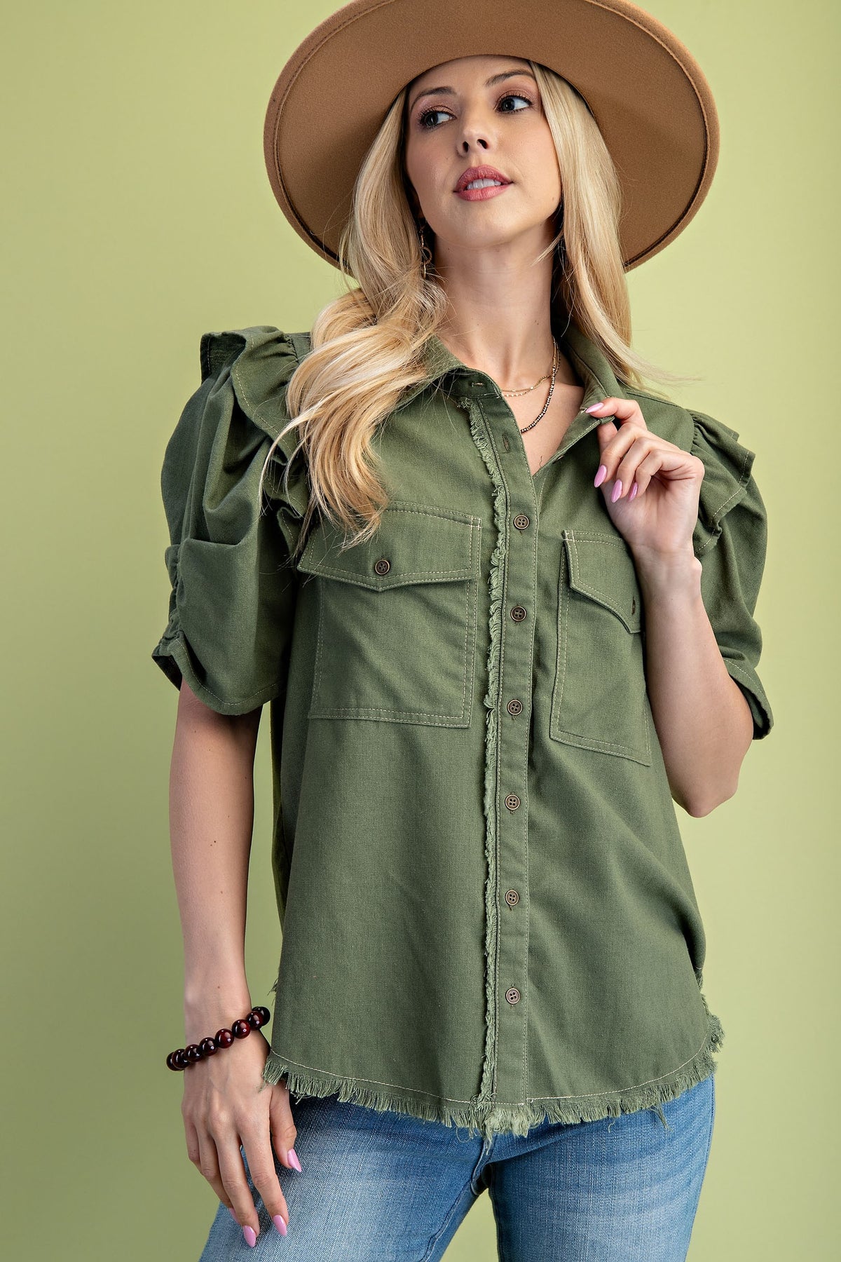 Ruffled Gathered Sleeve Linen Button Up Shirt Top