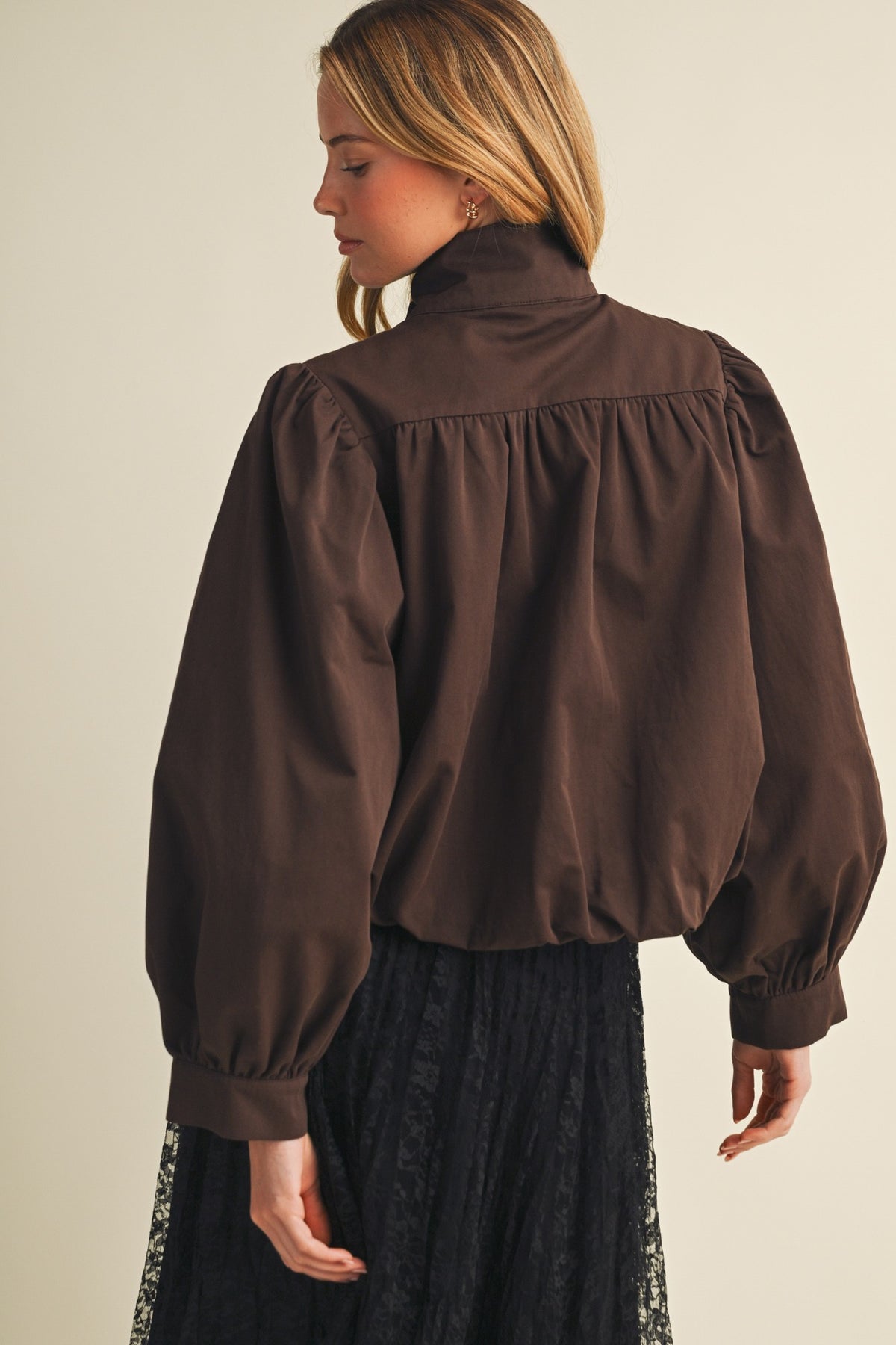 Funnel-neck Puff-sleeve Blouson Jacket-CHOCO FONDANT