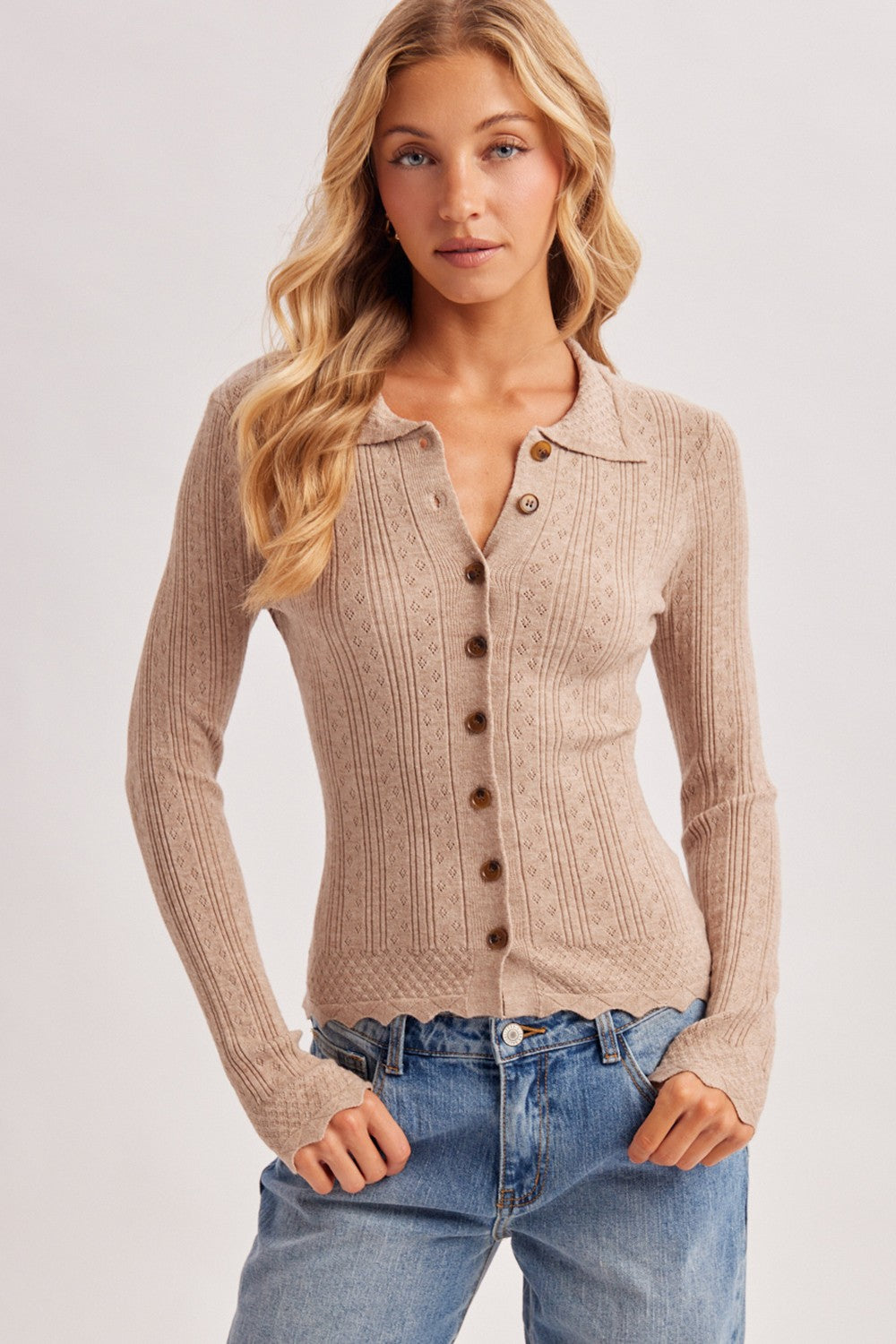 Button Down Scalloped Hem Knit Sweater Top-Sand