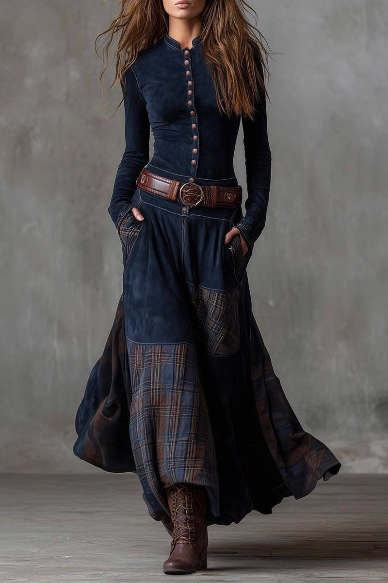 Suede Plaid Patchwork Maxi Dress Long Sleeve Belted Pockets