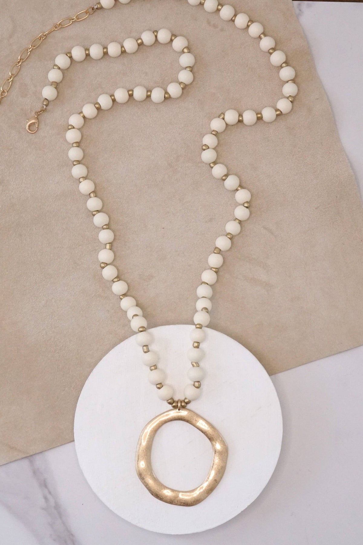 Long Wooden Beads Necklace with golden circle - Cream