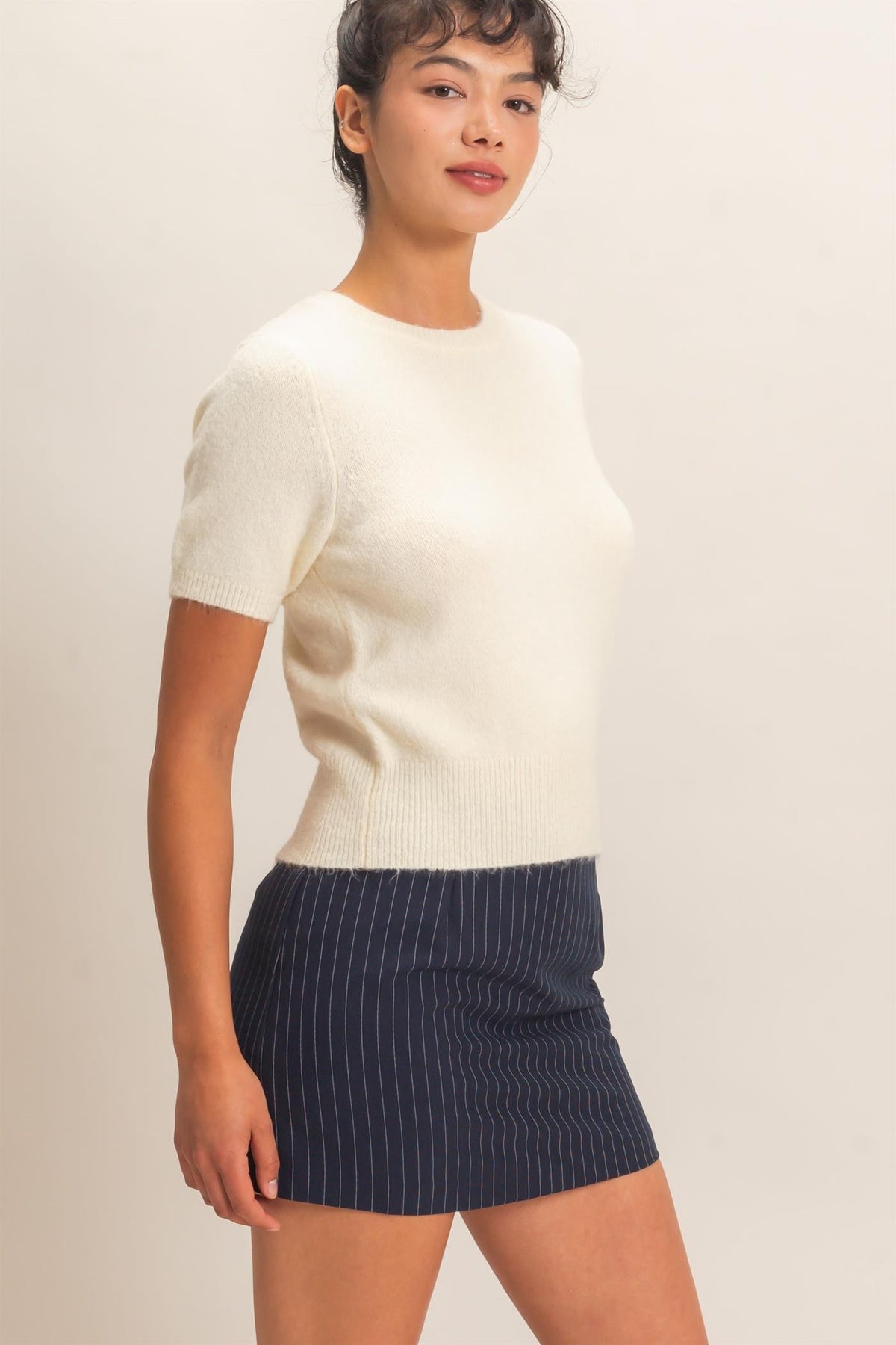 Crew Neck Short Sleeve Knit Top-Cream