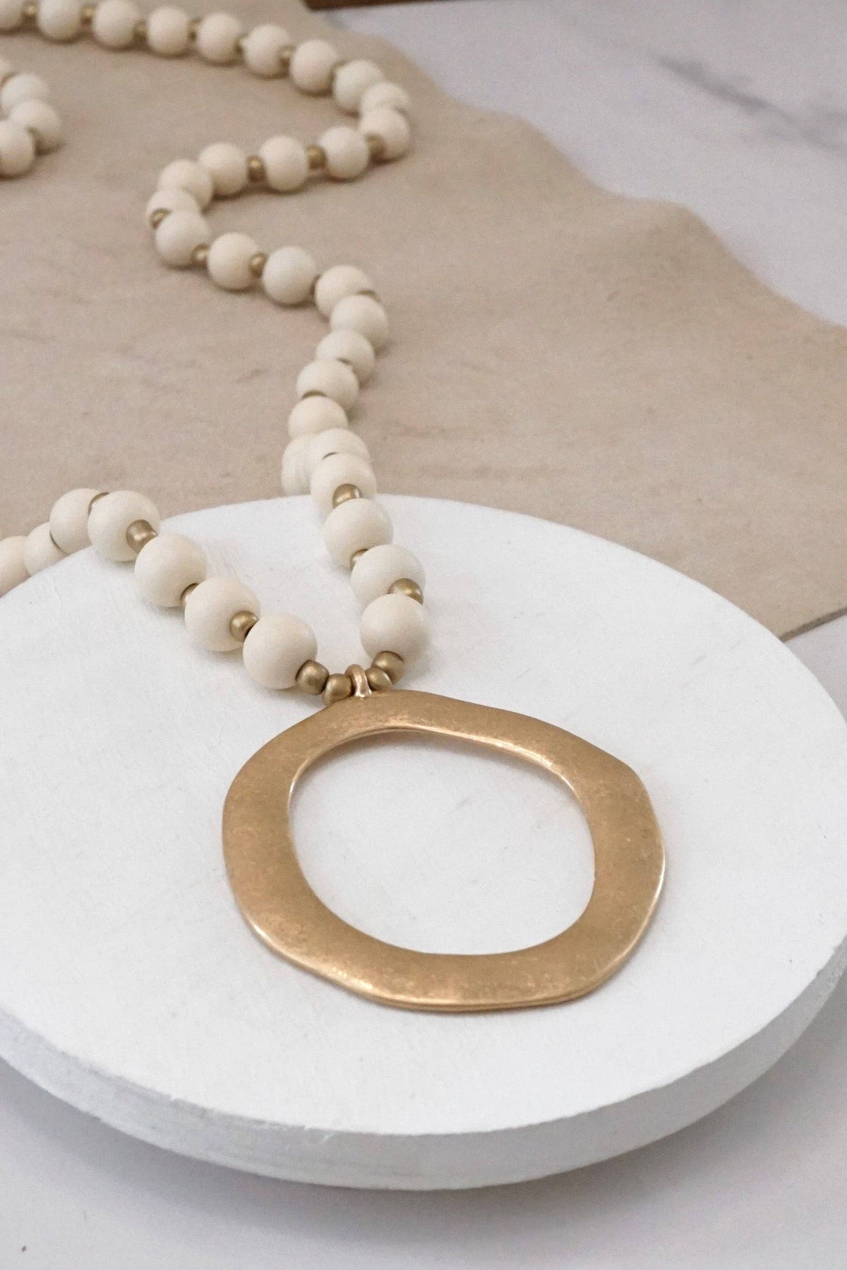 Long Wooden Beads Necklace with golden circle - Cream