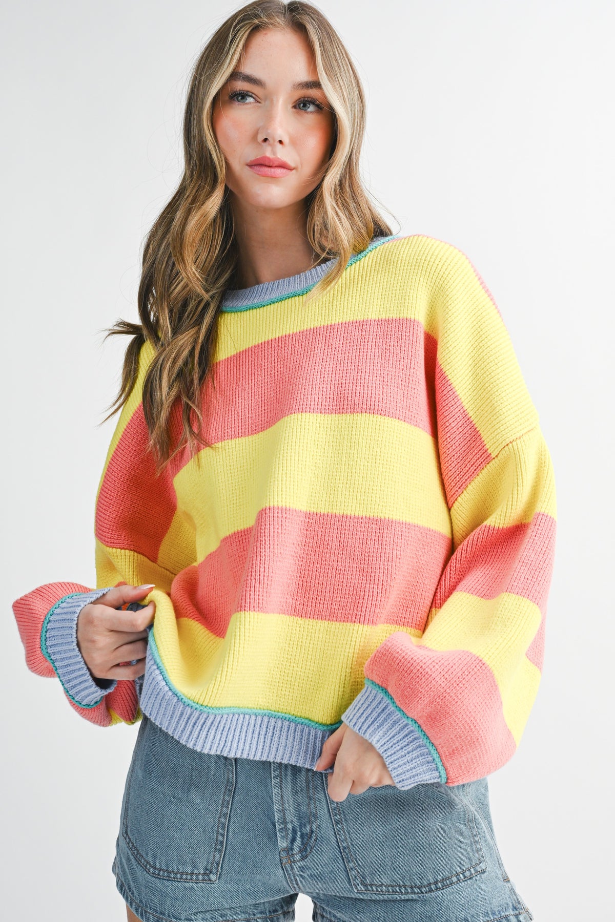 Striped Knit Crewneck Pullover Sweater