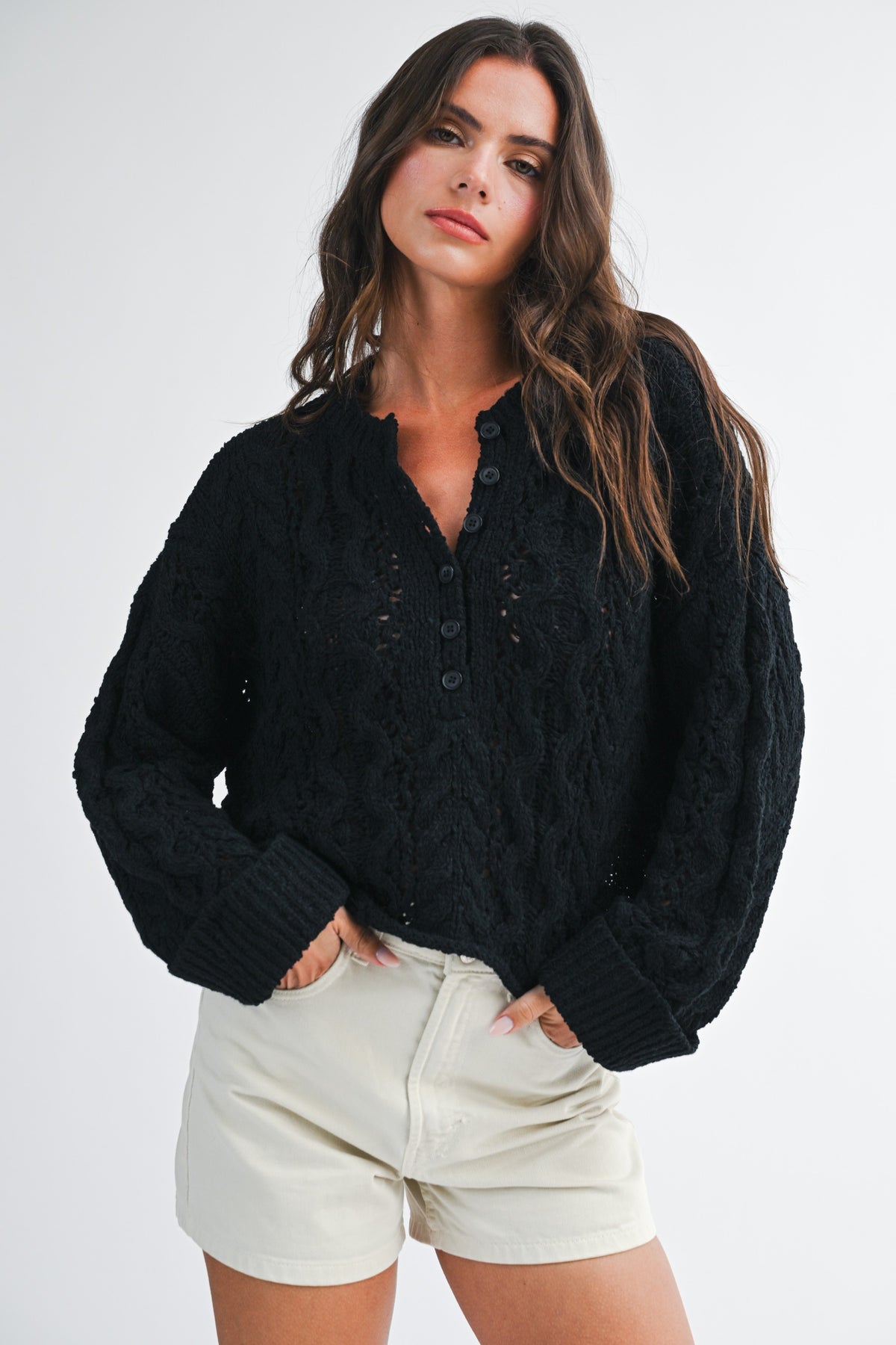Textured Cropped Henley Knit Sweater