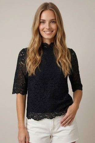 Lace Mock Neck Scallop Detail Top
