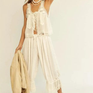 Casual Tank Top Cropped Pants With Lace Splicing
