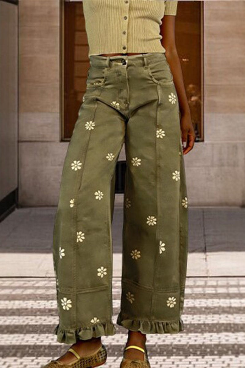 Daisy Print Ruffle Hem Wide Leg Pants