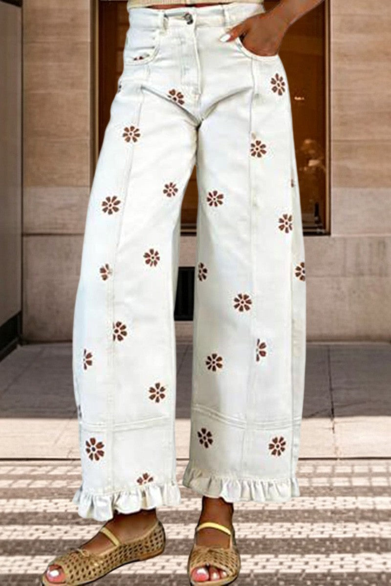 Daisy Print Ruffle Hem Wide Leg Pants