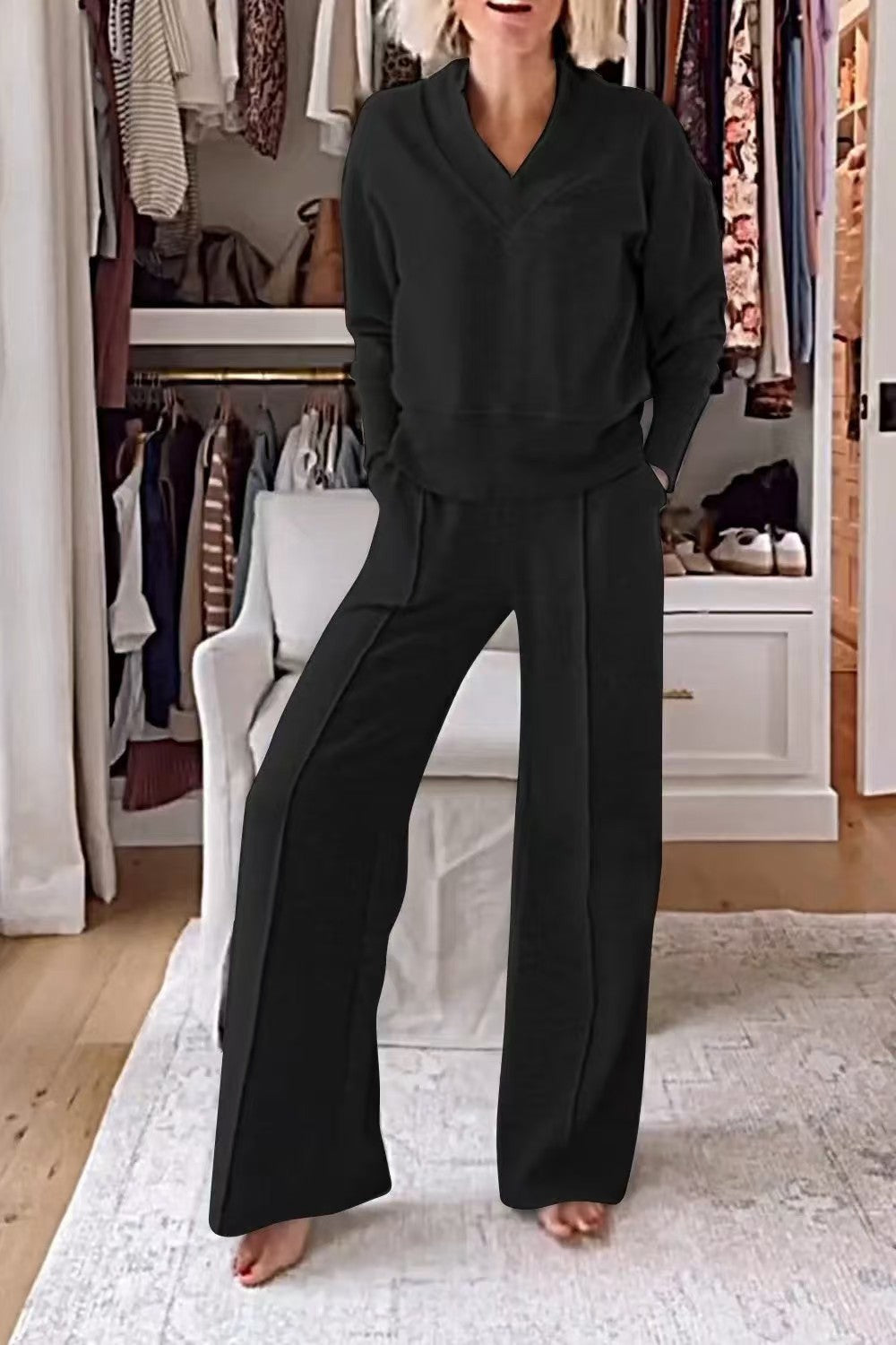 Solid Half Zip V Neck Pullover Wide Leg Pants Lounge Set