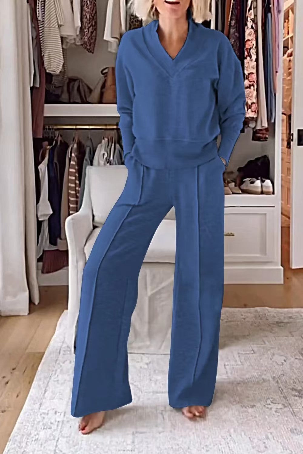 Solid Half Zip V Neck Pullover Wide Leg Pants Lounge Set