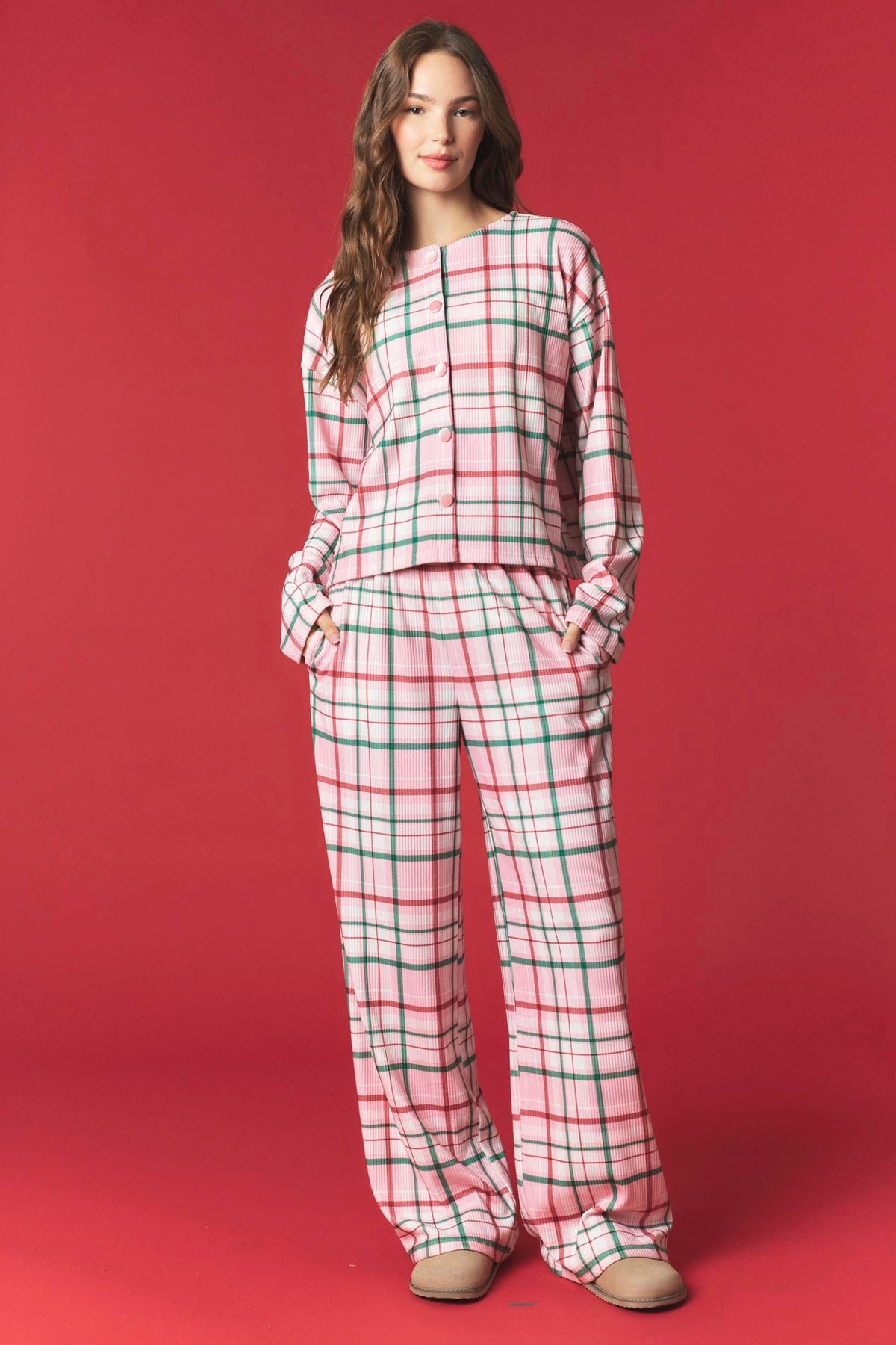 Multi Stripe Brushed Rib With Velvet Button Top & Pants Set