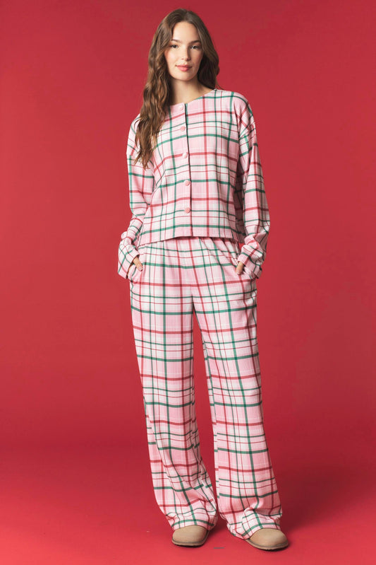 Multi Stripe Brushed Rib With Velvet Button Top & Pants Set