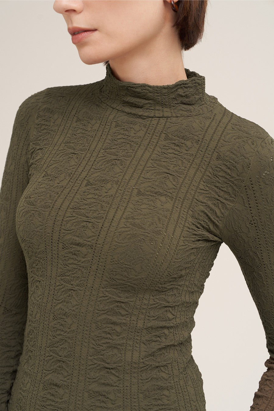 Olive Floral Pointelle Mock Neck Top