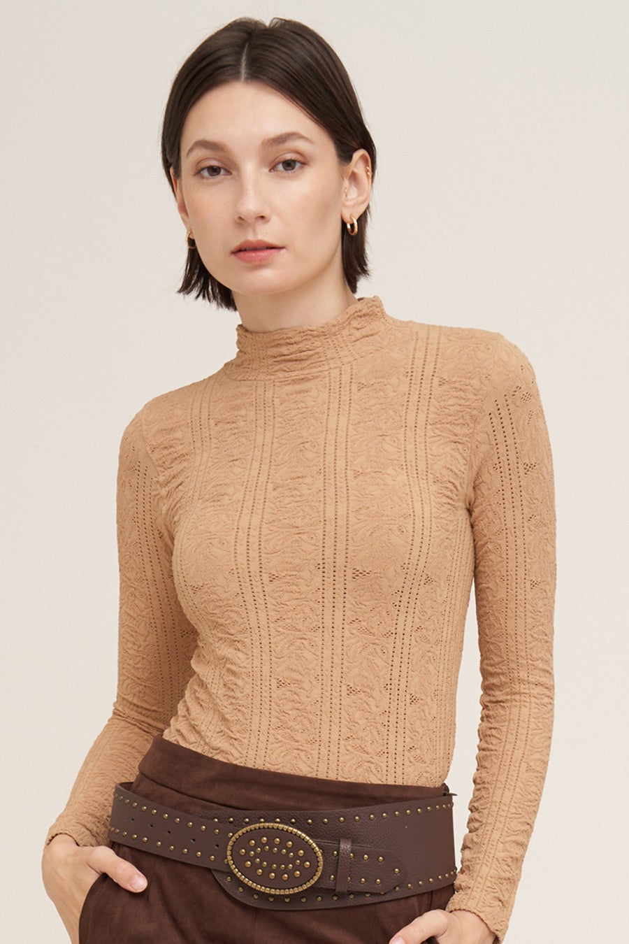 Beige Floral Pointelle Mock Neck Top