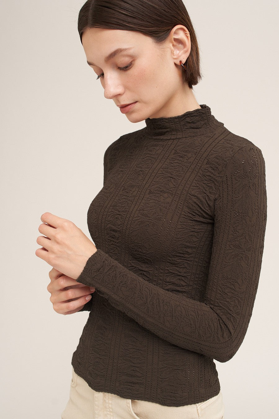 Chocolate Floral Pointelle Mock Neck Top