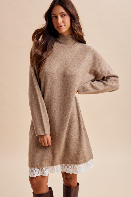 Lace Hem Turtleneck Sweater Dress