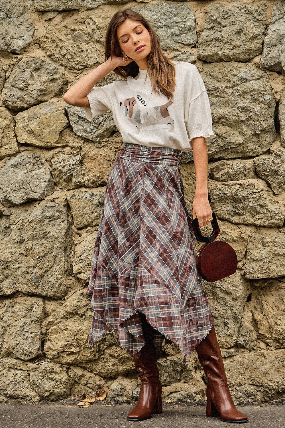 Asymmetrical Frayed Hem Plaid Skirt