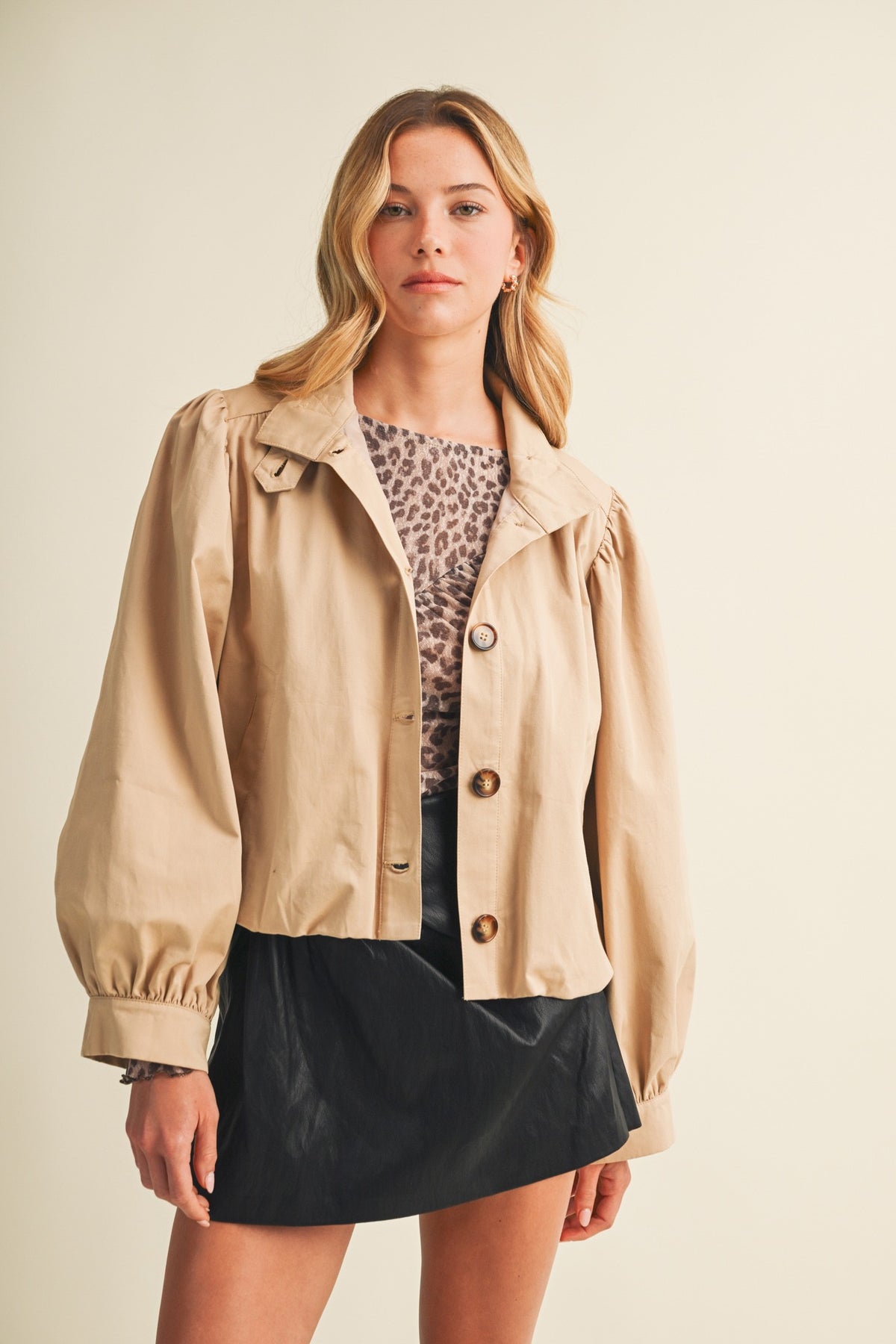 Funnel-neck Puff-sleeve Blouson Jacket-BEIGE