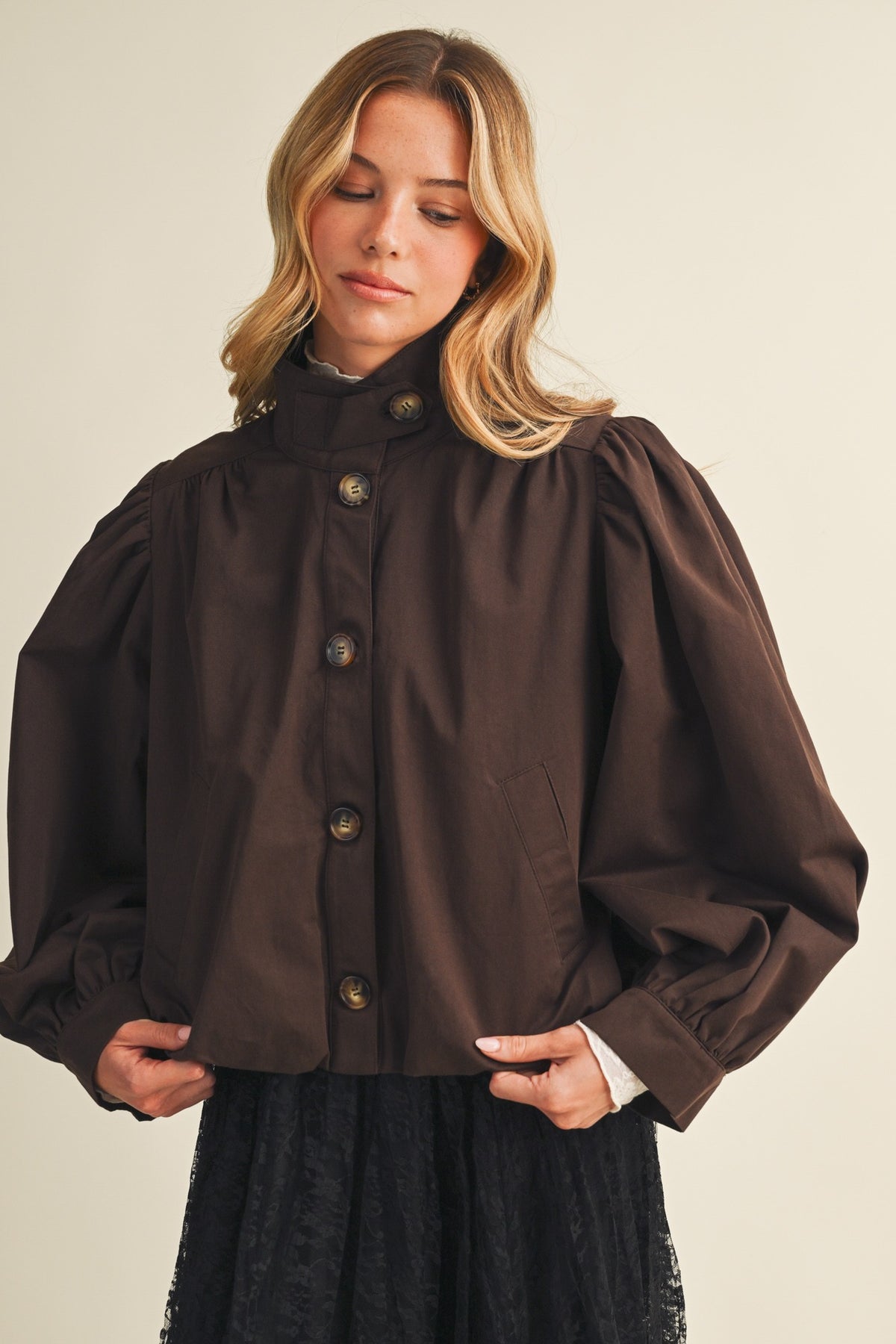 Funnel-neck Puff-sleeve Blouson Jacket-CHOCO FONDANT