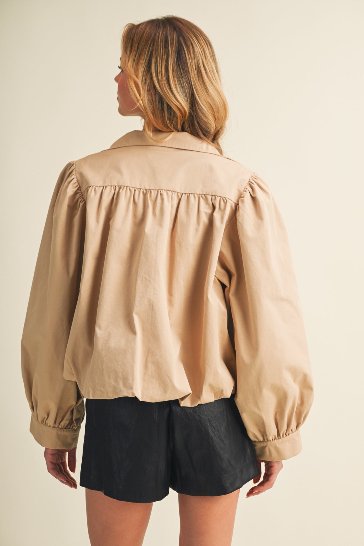 Funnel-neck Puff-sleeve Blouson Jacket-BEIGE