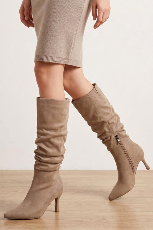 Slouchy Knee-High Heeled Boot-Taupe Suede