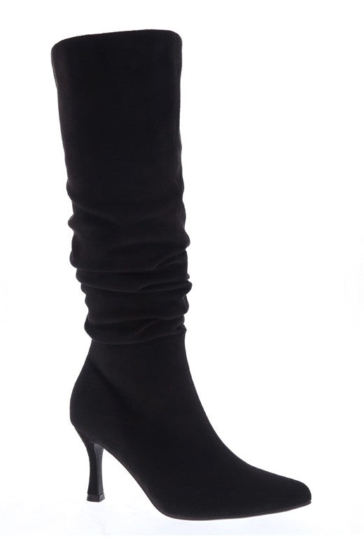 Slouchy Knee-High Heeled Boots-Black Suede
