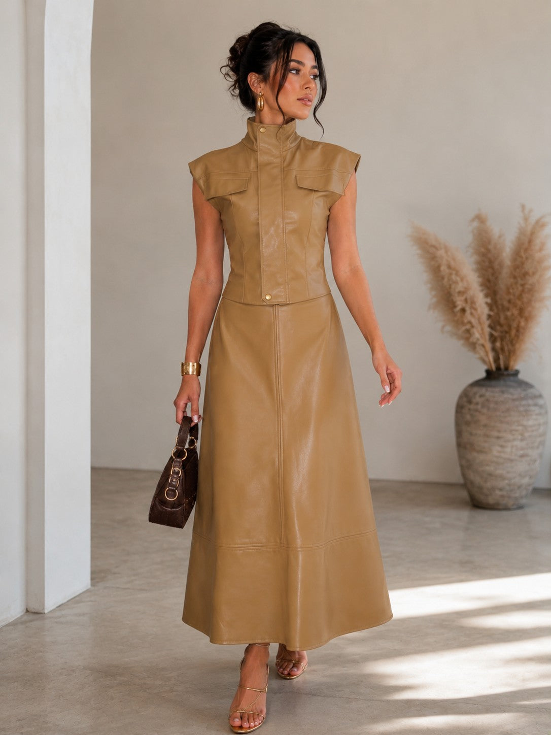 Faux Leather Utility Vest & Maxi Skirt Set