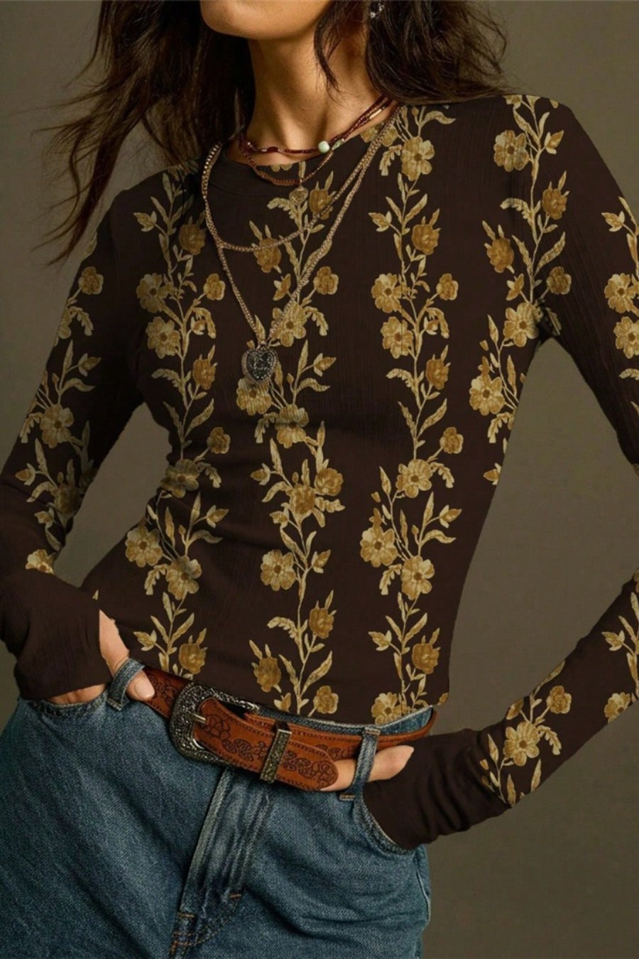 Floral Print Ribbed Fitted Long Sleeve Retro Women Top