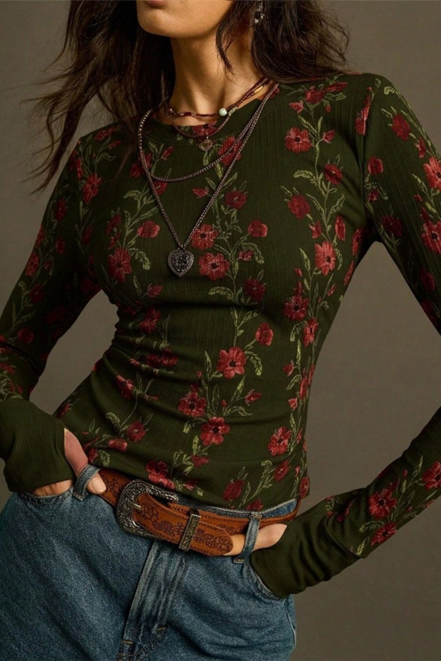 Green Floral Print Ribbed Fitted Long Sleeve Retro Women Top