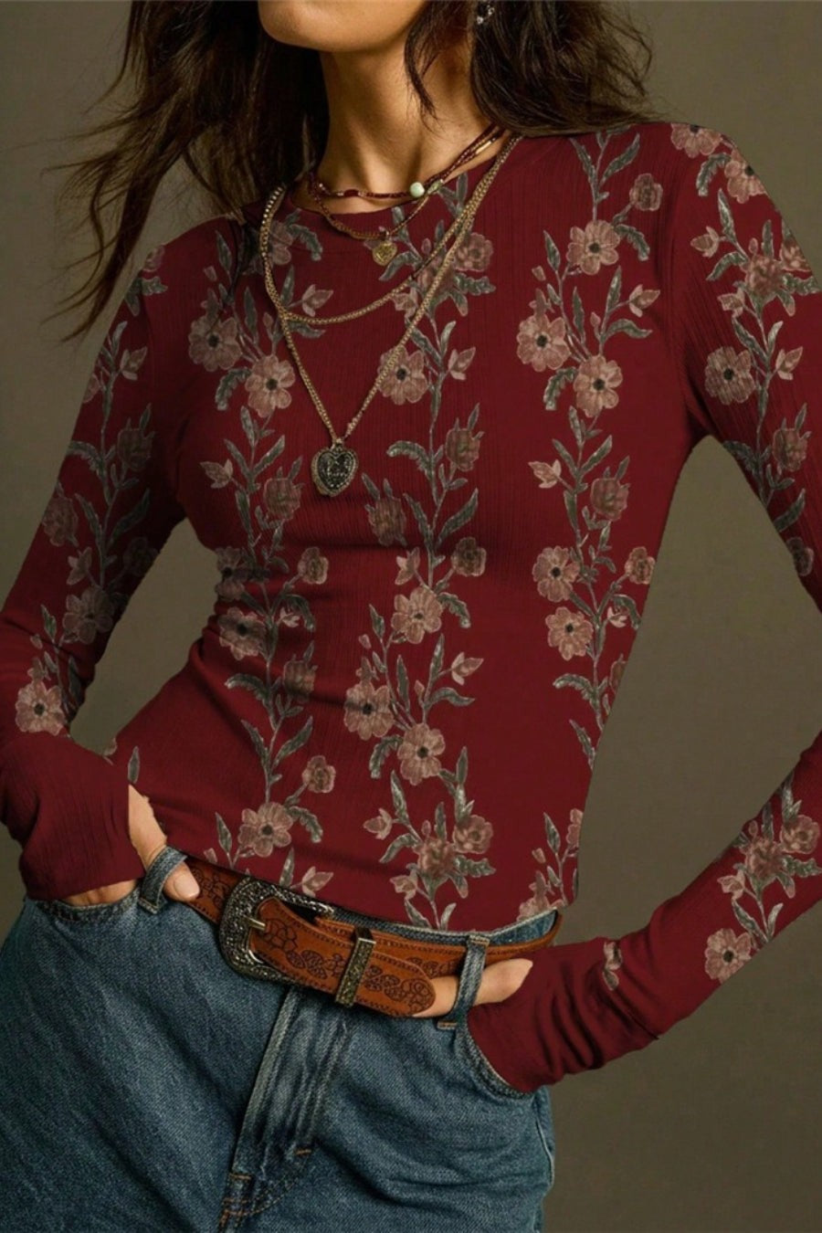 Floral Print Ribbed Fitted Long Sleeve Retro Women Top