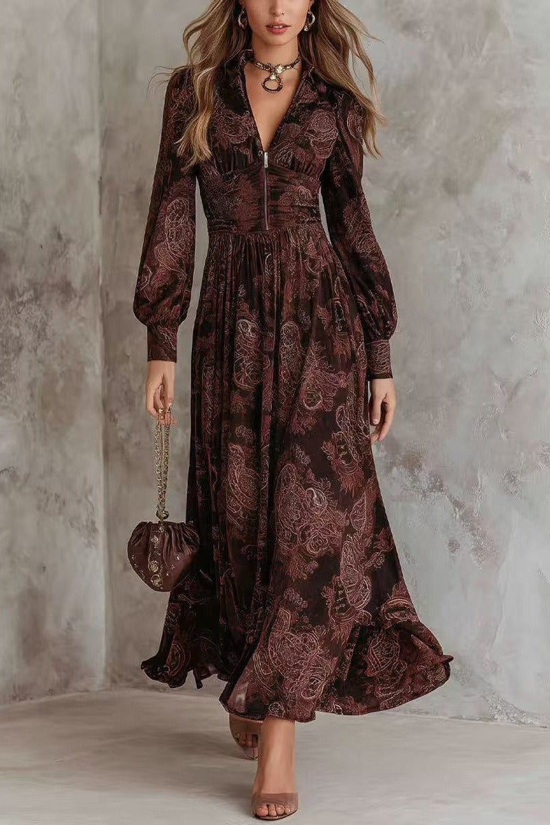 Brown Boho Paisley Maxi Dress V Neck Puff Sleeve Zip Front