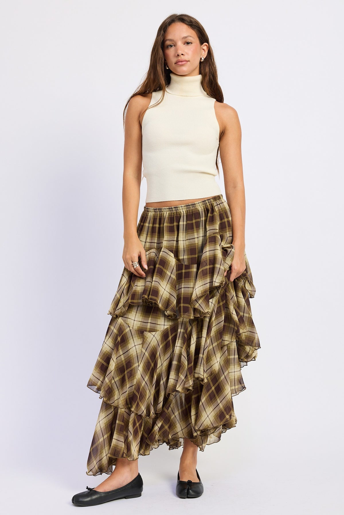 Tiered Chiffon Print Checkered Maxi Skirt