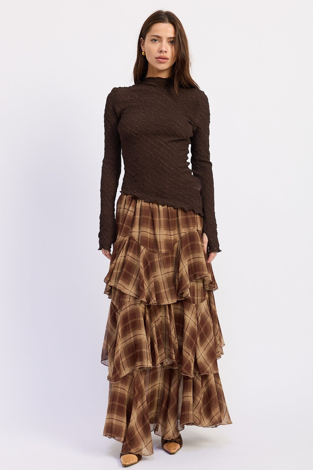 Tiered Chiffon Print Checkered Maxi Skirt