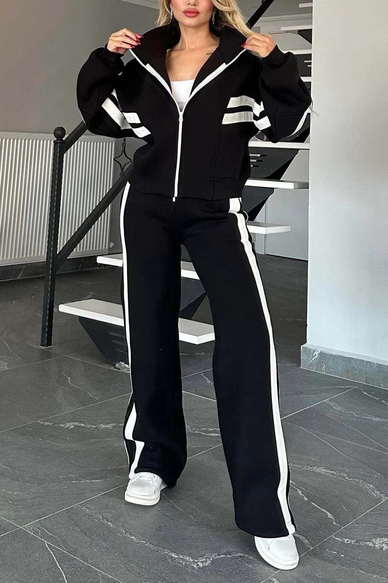 Y2k Striped Zip Up Jacket And Wide Leg Pants Set