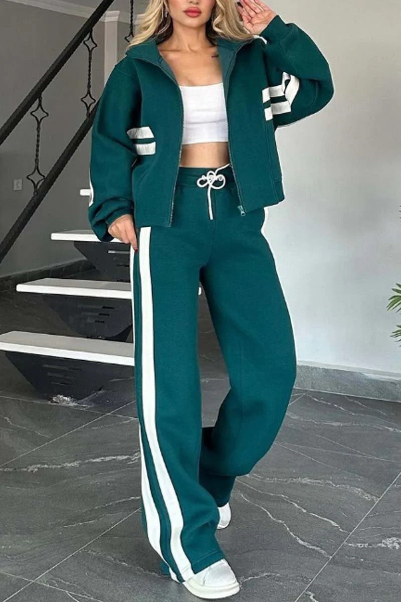 Y2k Striped Zip Up Jacket And Wide Leg Pants Set