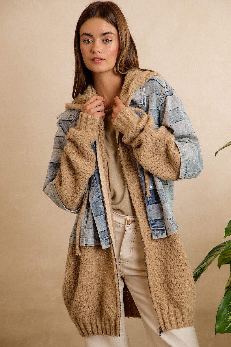 Patchwork Denim Mixed Media Hooded Sweater Jacket