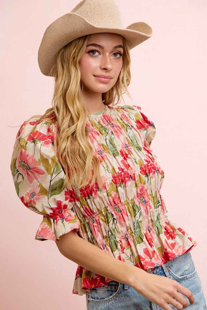 Floral Printed Woven Shirred Body Top