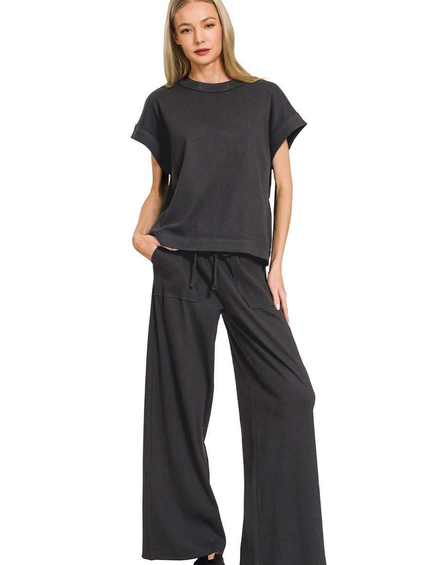 Ribbed Short Sleeve Tee & Pants 2PC Set-Black