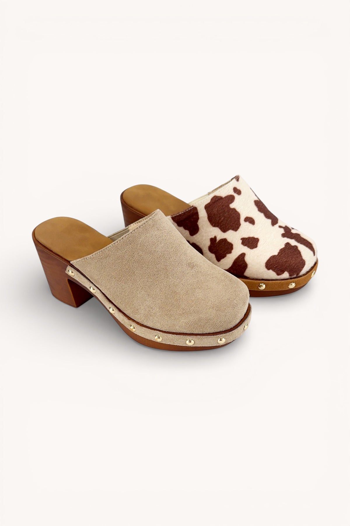 Beige Suede, Clog Mule Block Heel With Studs Accent