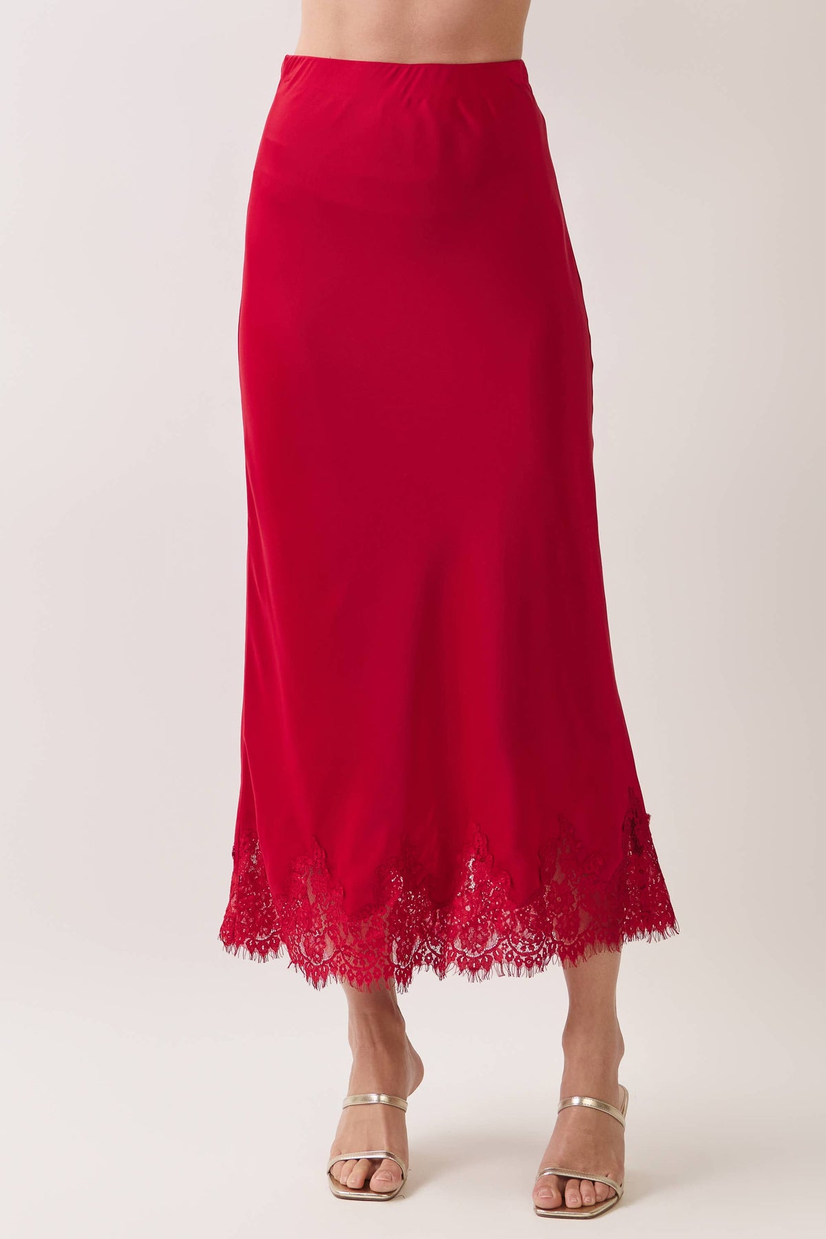Lace Trim Hem Satin Maxi Skirt