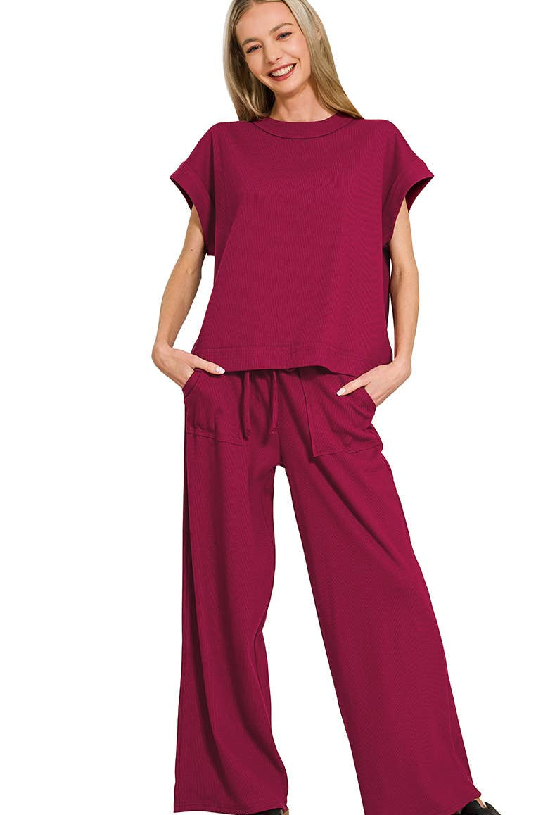 Ribbed Short Sleeve Tee & Pants 2PC Set -Cabernet