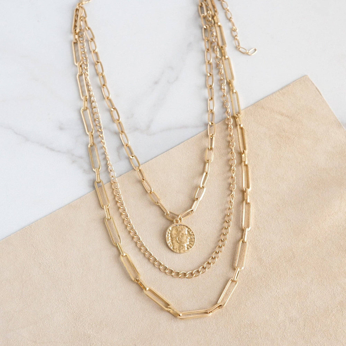 Multi Layer Coin Pendant Chain Necklace Gold