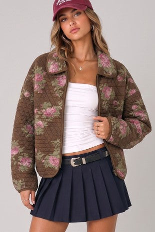 Floral Print Quilted Zip-up Jacket