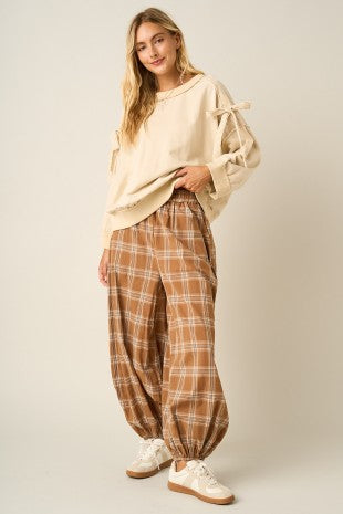 Tan Plaid Print Balloon Jogger Pants